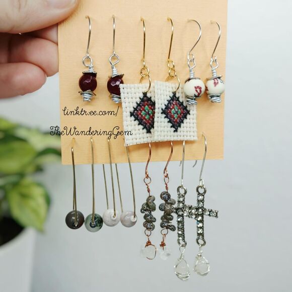 7 Piece Boho Chic Beaded Dangle Earring Set, OOAK Artisan - Picture 1 of 5